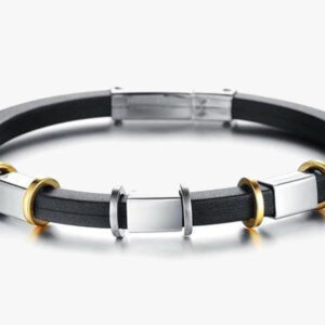 Punk Gold Stainless Steel Black Genuine Silicone Men's Bracelet