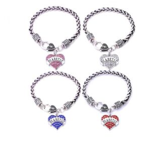 Womens Diabetic Medical Alert ID Bracelet - Pink, Blue, Clear or Red Crystal Hearts - Diabetes