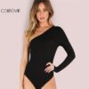 COLROVIE Basic Black One Shoulder Bodysuit